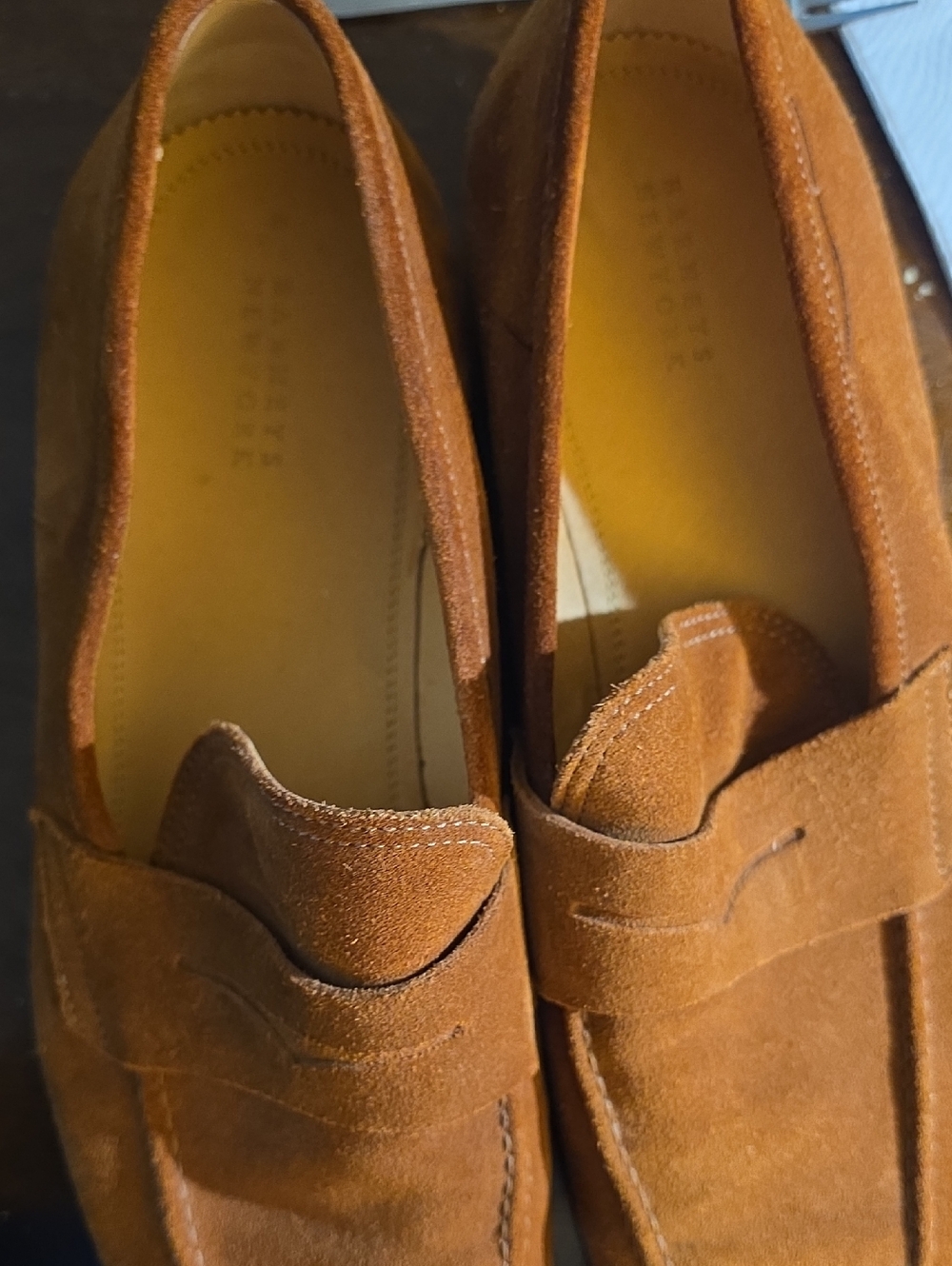 Barneys New York Suede Penny Loafers in Chestnut Brown Made In Italy